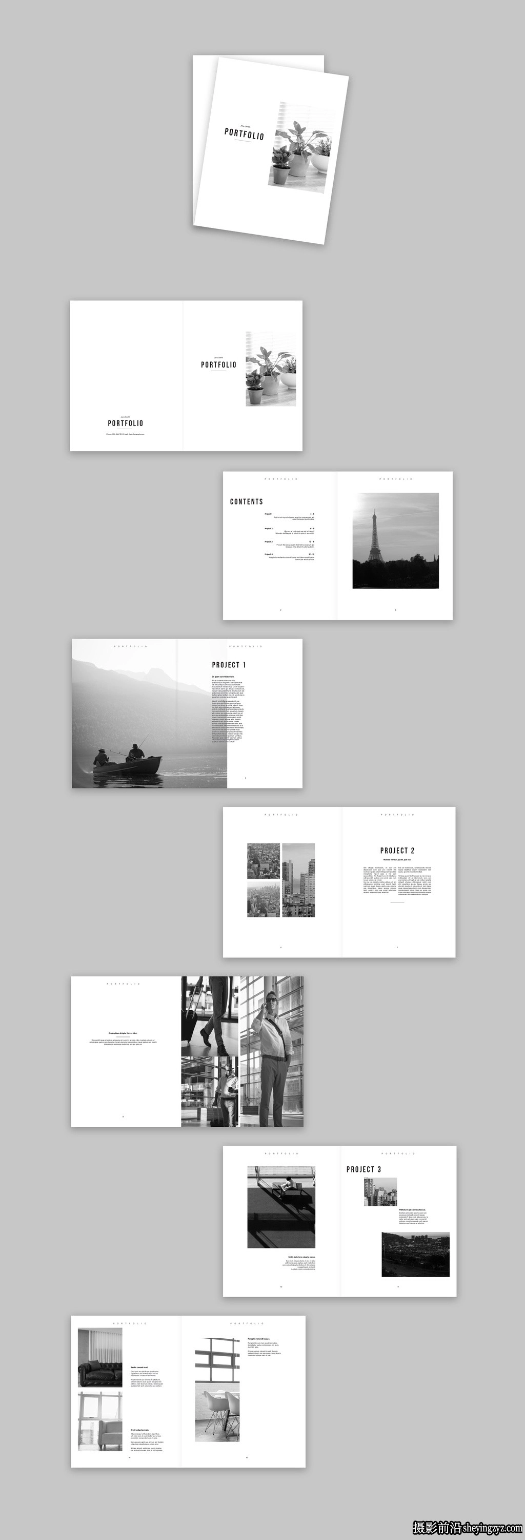 极简黑白摄影作品集排版布局InDesign模板
