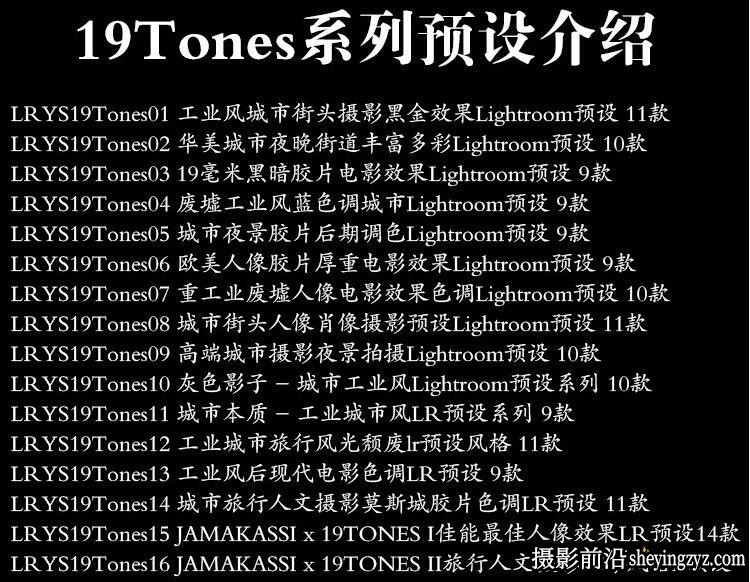 19TONES工业风赛博朋克夜景城市人文街拍黑金胶片16套完整版LR预设