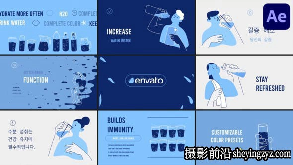 AE模板- 正确喝水MG动画片头模板 Drink More Water Explainer
