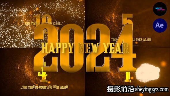 AE模板-金色粒子烟花倒计时片头模板 Happy New Year Countdo