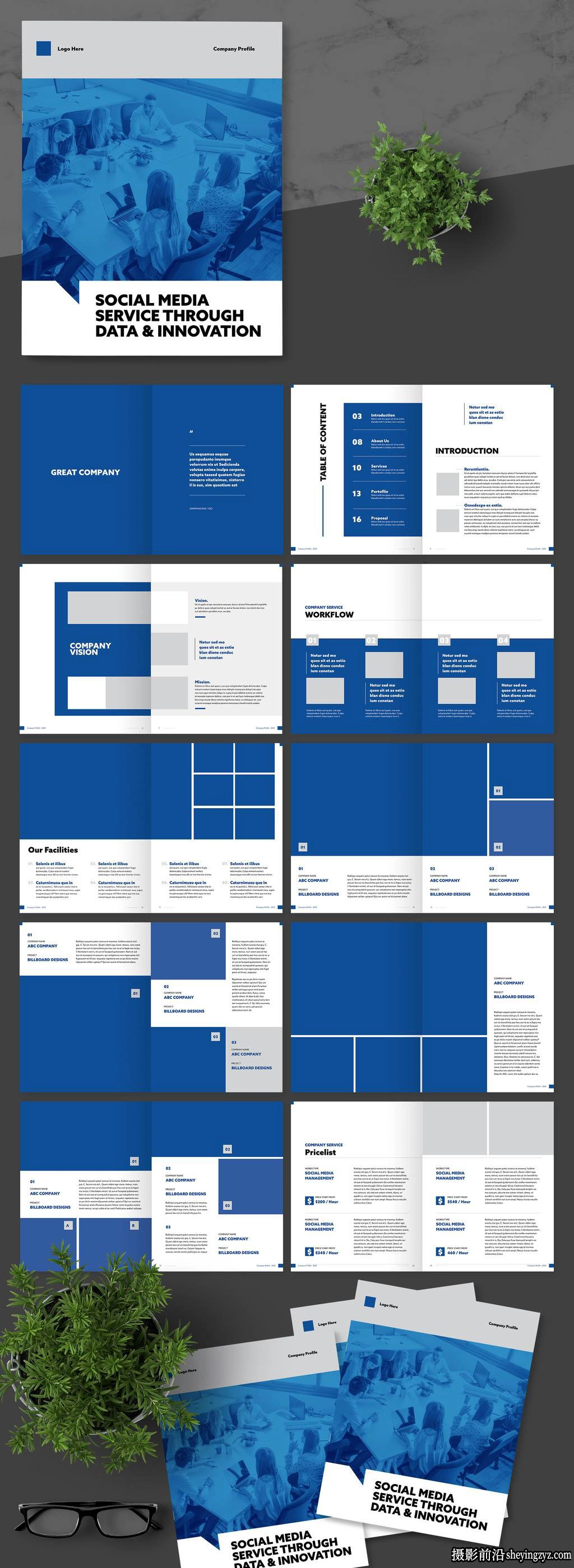 带有蓝色点缀的公司简介组合布局InDesign模板