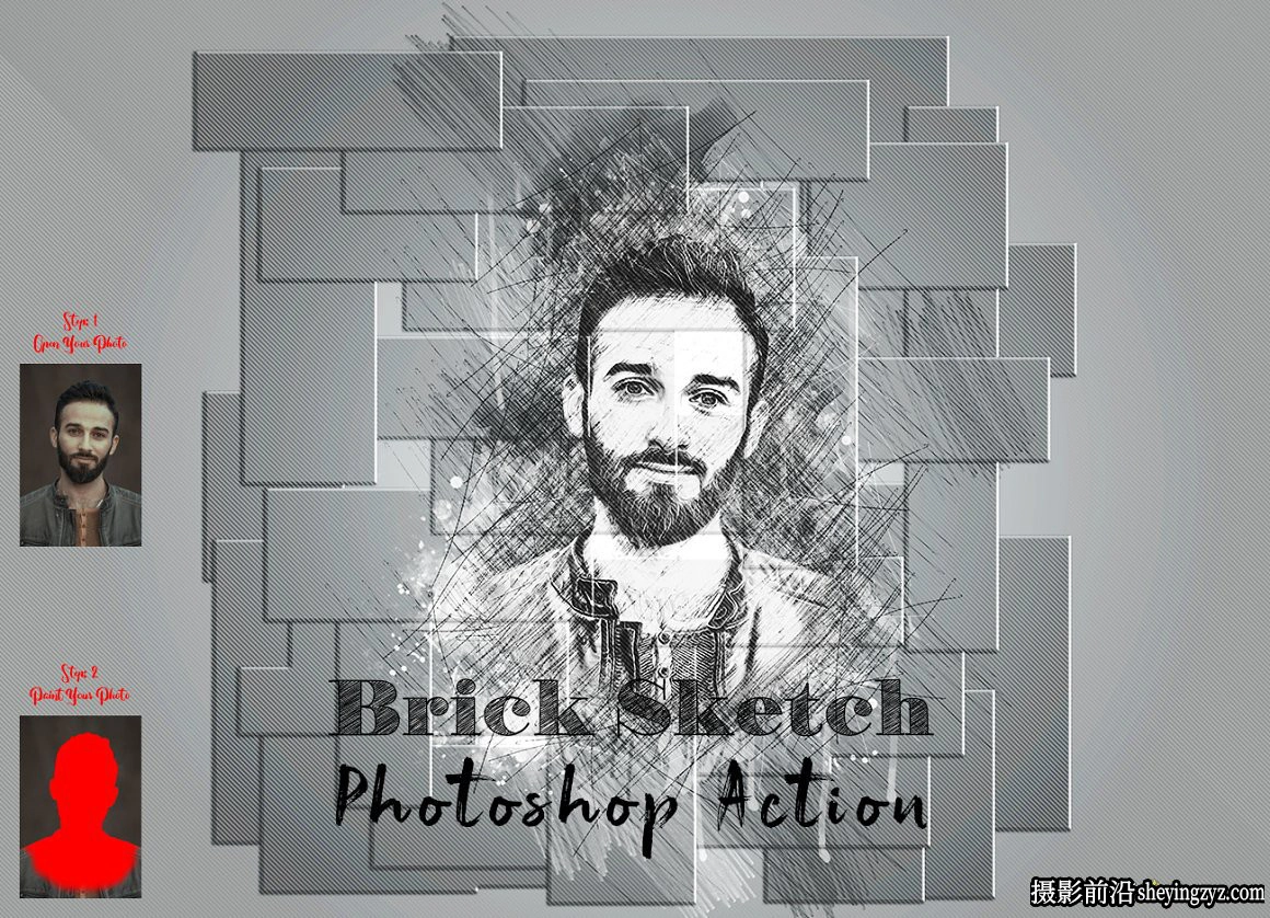 逼真墙面拼图素描绘画PS动作 Brick Sketch Photoshop Action