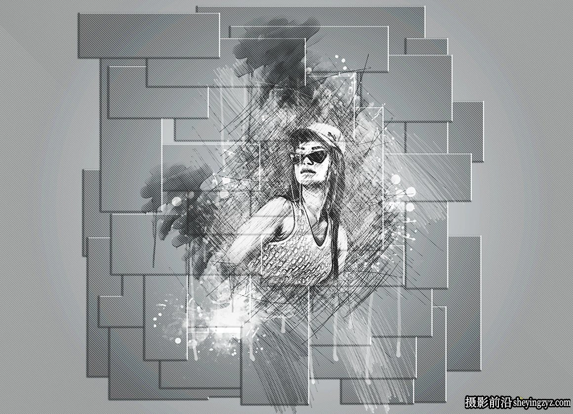 逼真墙面拼图素描绘画PS动作 Brick Sketch Photoshop Action