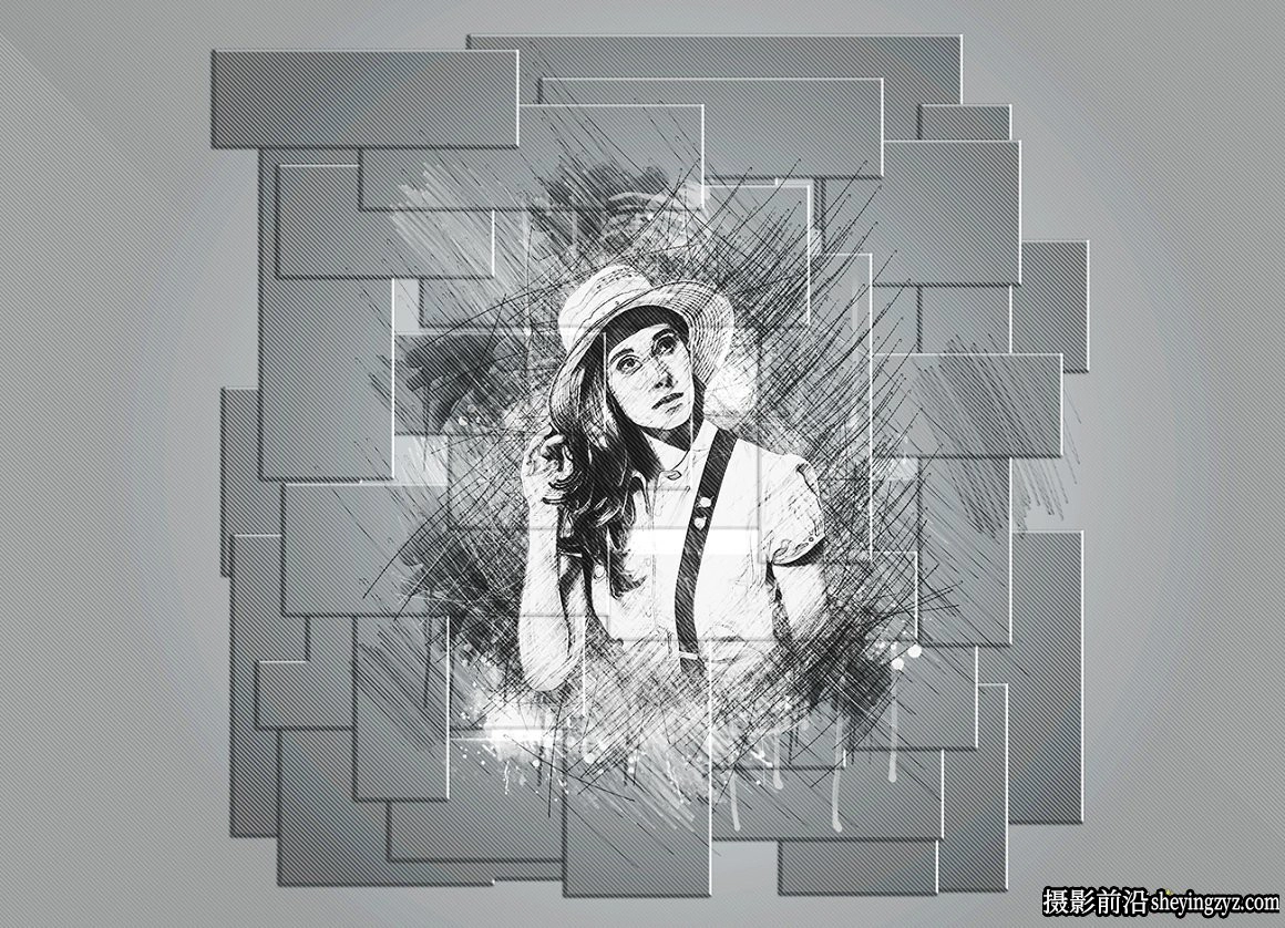 逼真墙面拼图素描绘画PS动作 Brick Sketch Photoshop Action