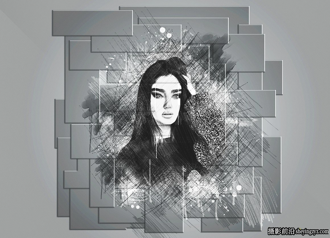 逼真墙面拼图素描绘画PS动作 Brick Sketch Photoshop Action