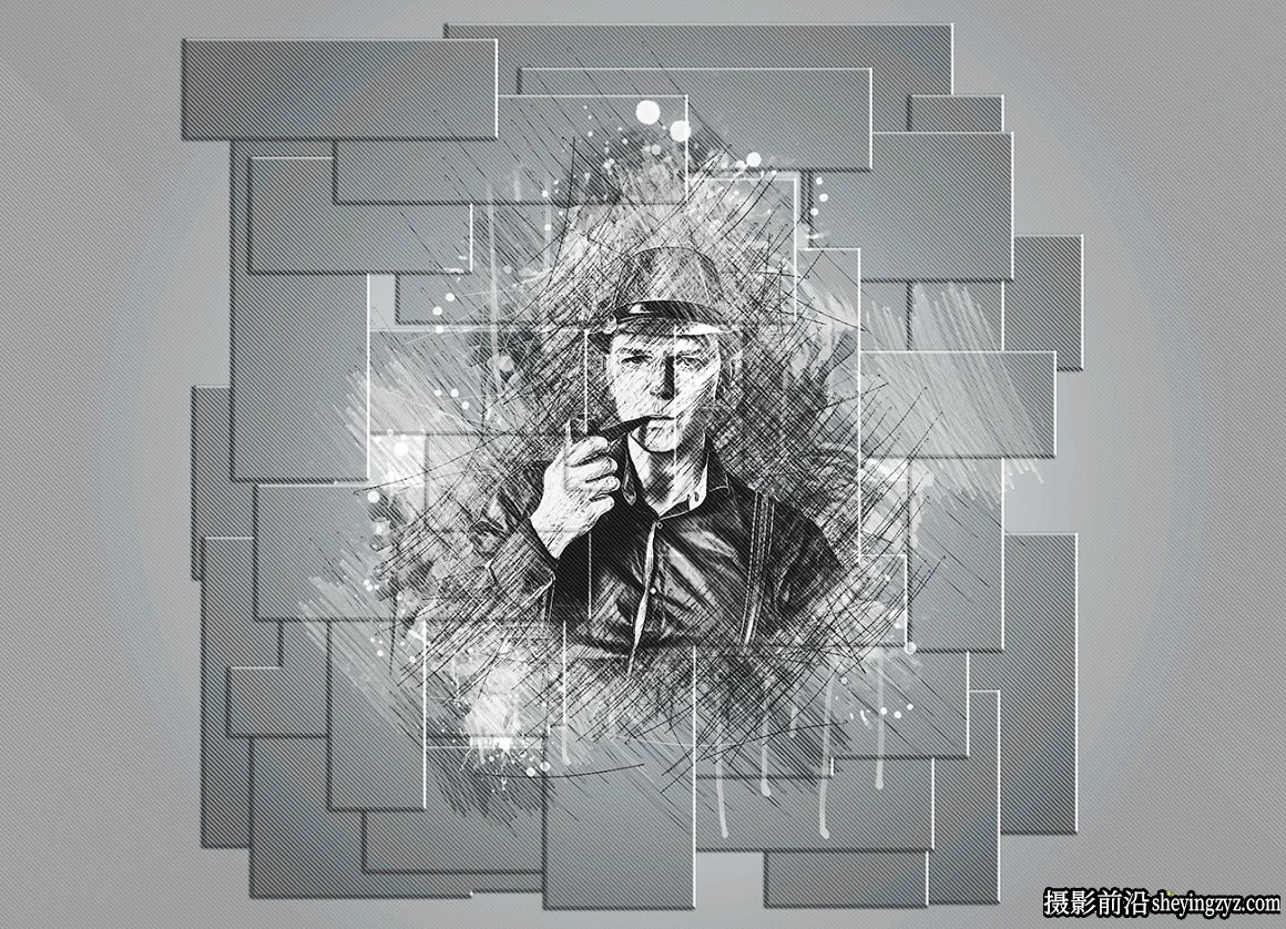 逼真墙面拼图素描绘画PS动作 Brick Sketch Photoshop Action