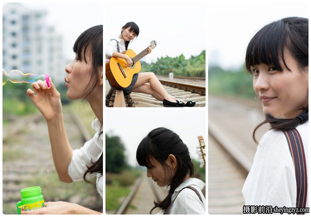 铁路拿吉他的美女写真摄影后期修图练习RAW原图素材5张