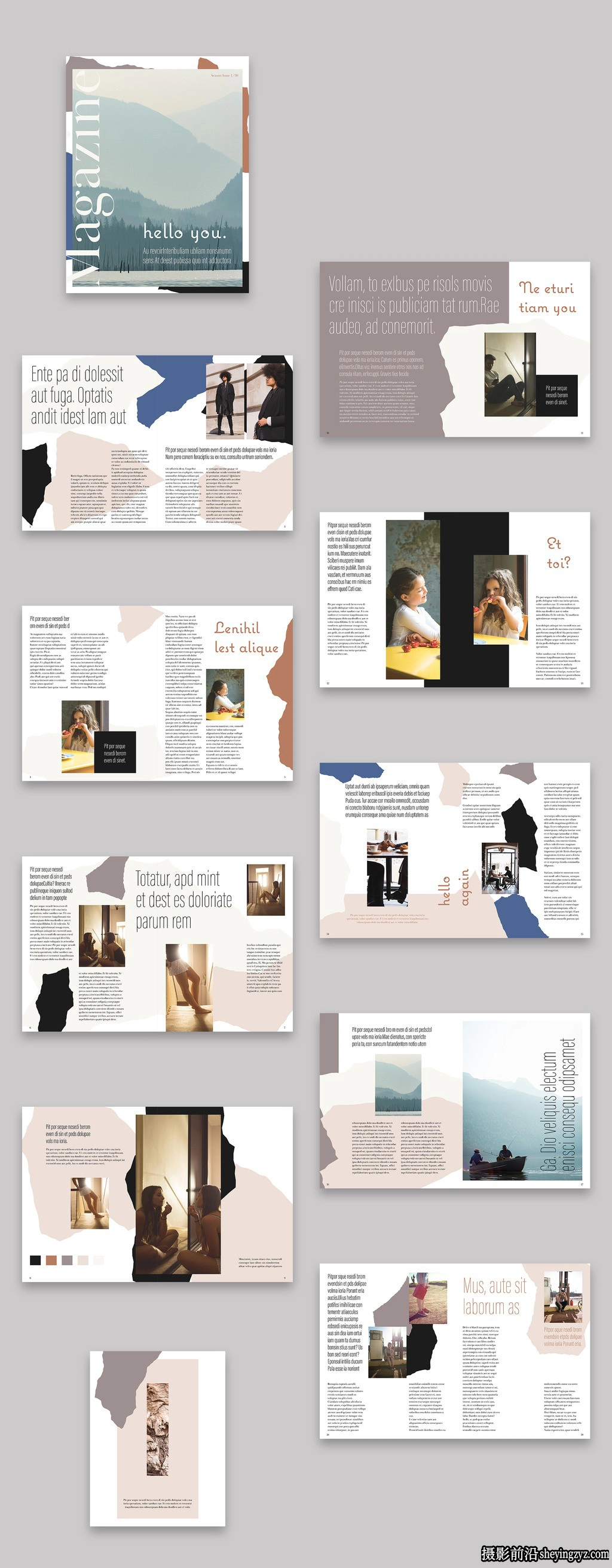 中性色调抽象元素的杂志布局InDesign模板