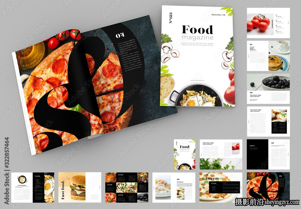 黑白布局与食物主题图像InDesign模板