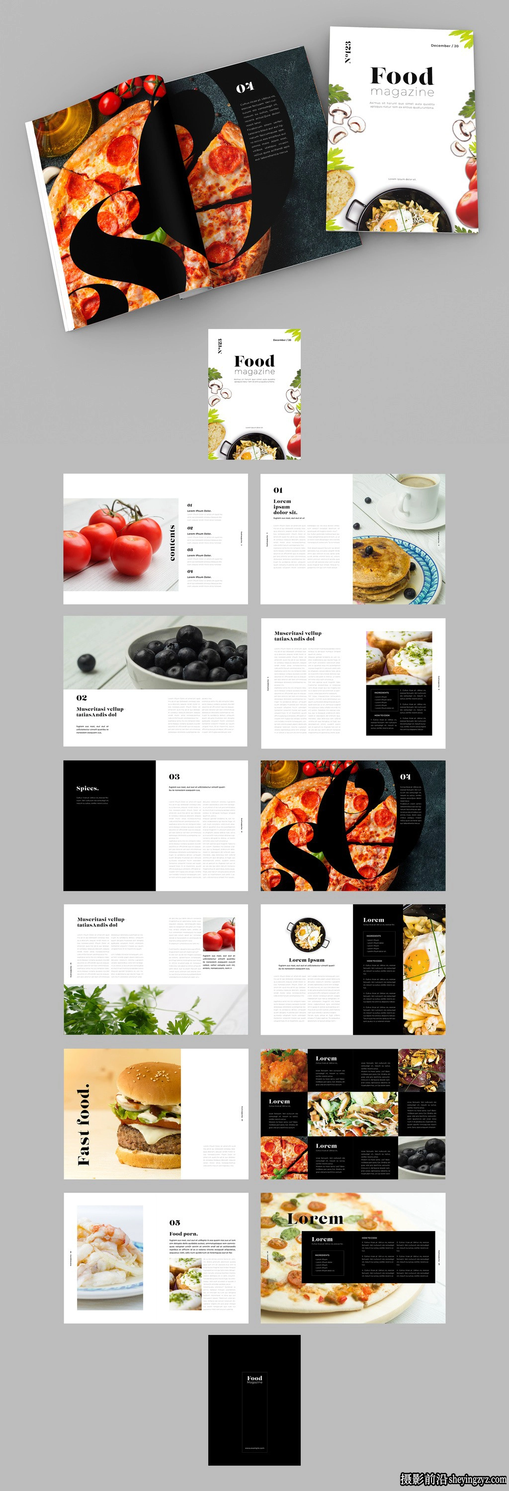 黑白布局与食物主题图像InDesign模板