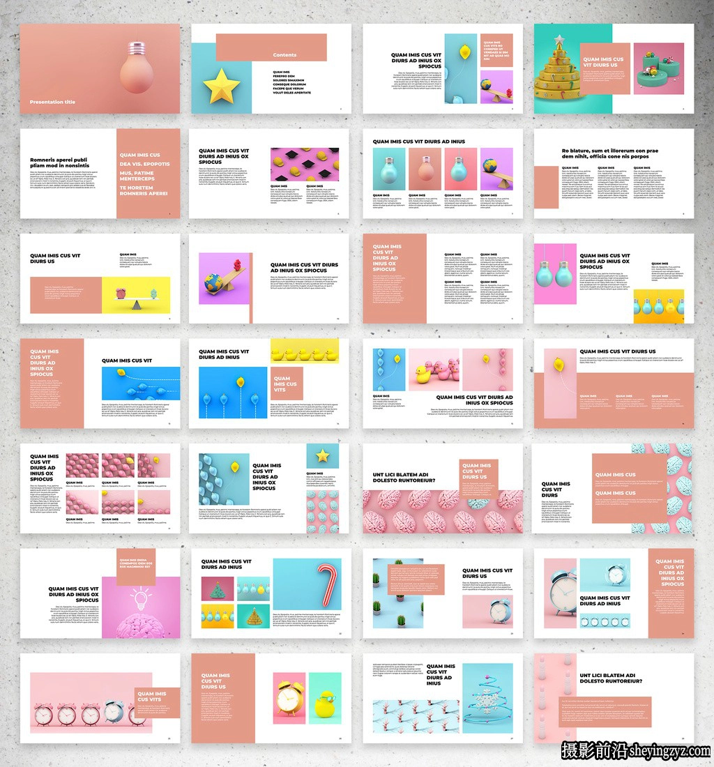 带有珊瑚红色演示文稿布局InDesign模板