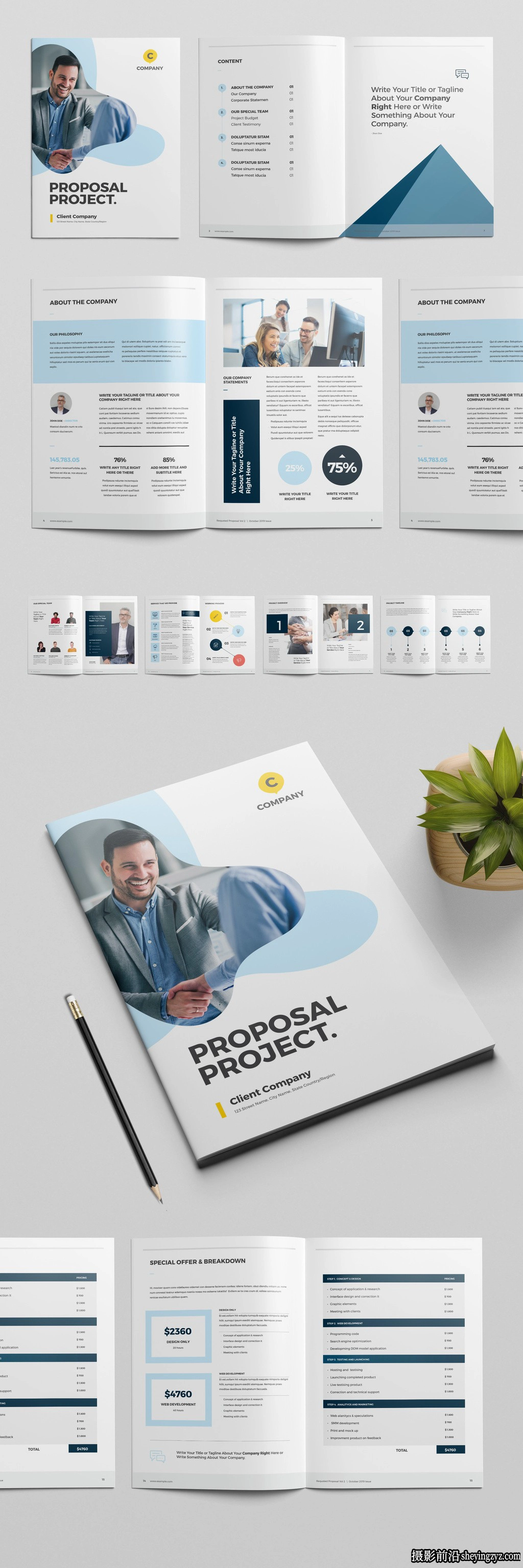 蓝色抽象蓝色元素的项目提案布局InDesign模板