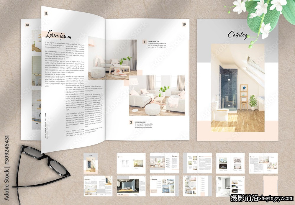 带有灰色和浅橙色的家具目录布局InDesign模板