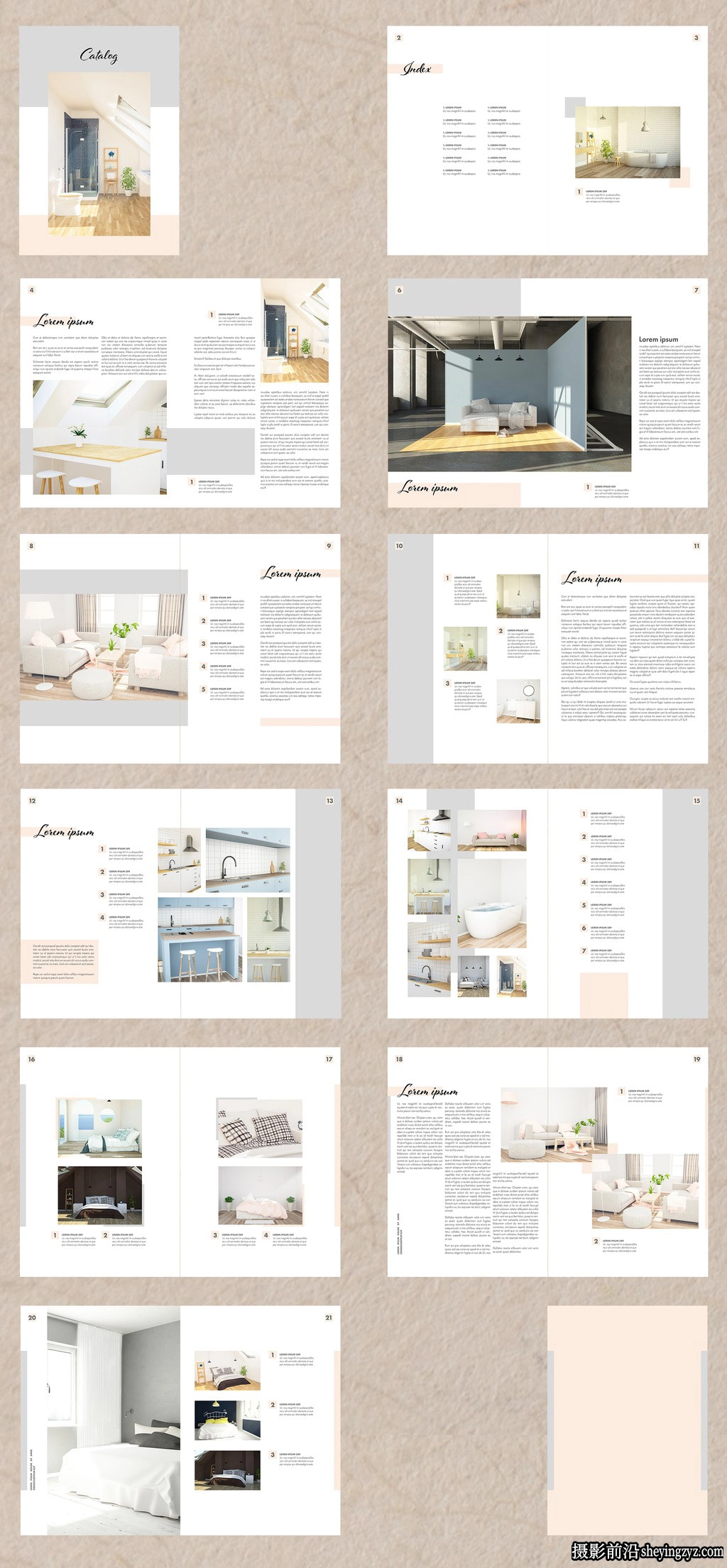带有灰色和浅橙色的家具目录布局InDesign模板