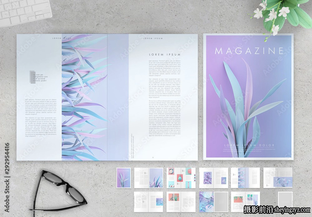 带有植物元素的最小杂志布局InDesign模板