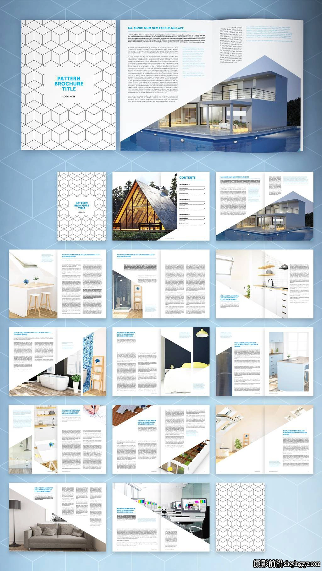 带有蓝色元素的最小投资组合布局InDesign模板