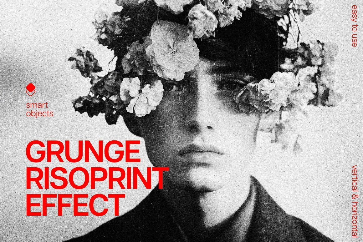 复古电影黑白胶片照片效果PSD模板 Grunge Risoprint Photo Effect
