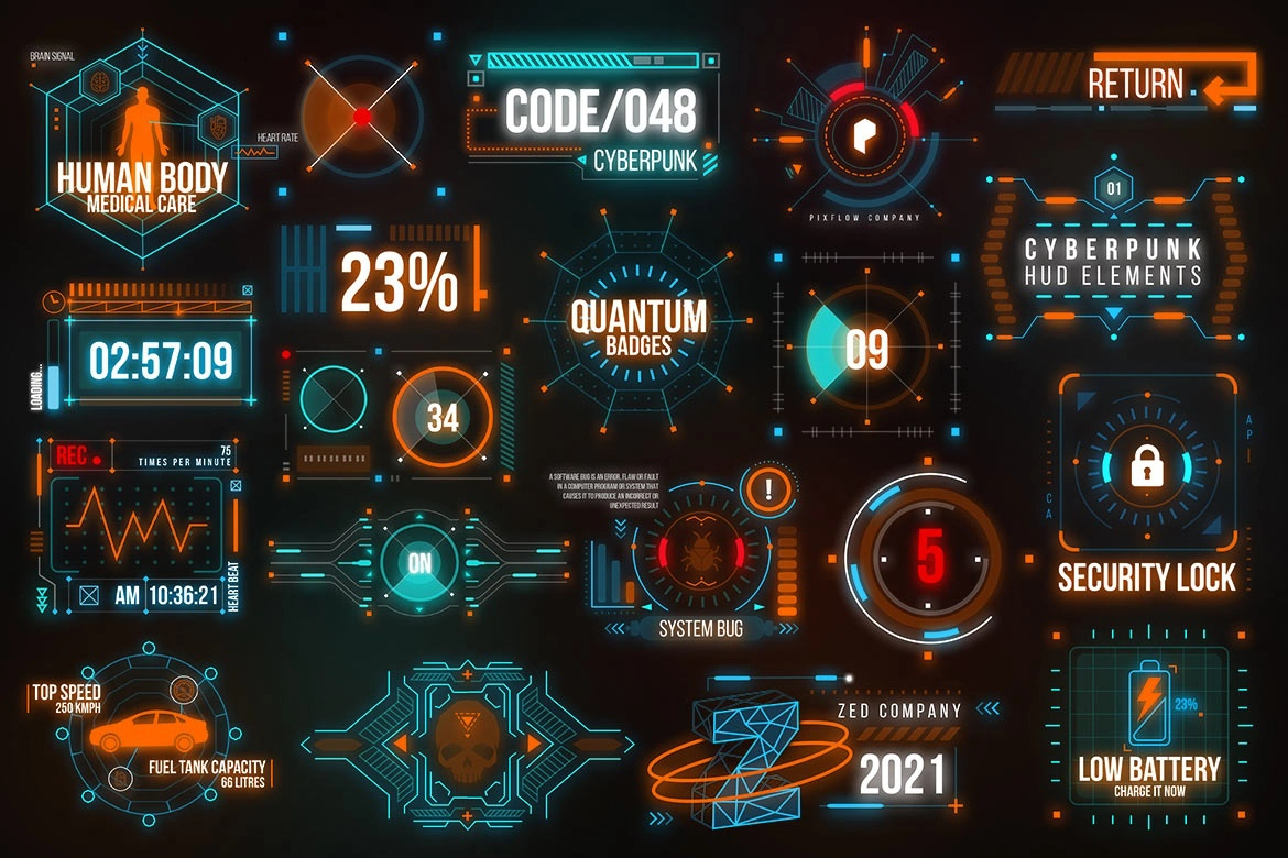 赛博朋克科幻HUD元素PSD素材 Cyberpunk HUD Elements