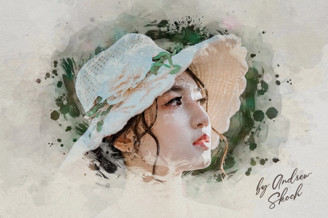 逼真的水彩画照片效果模板智能对象一键替换