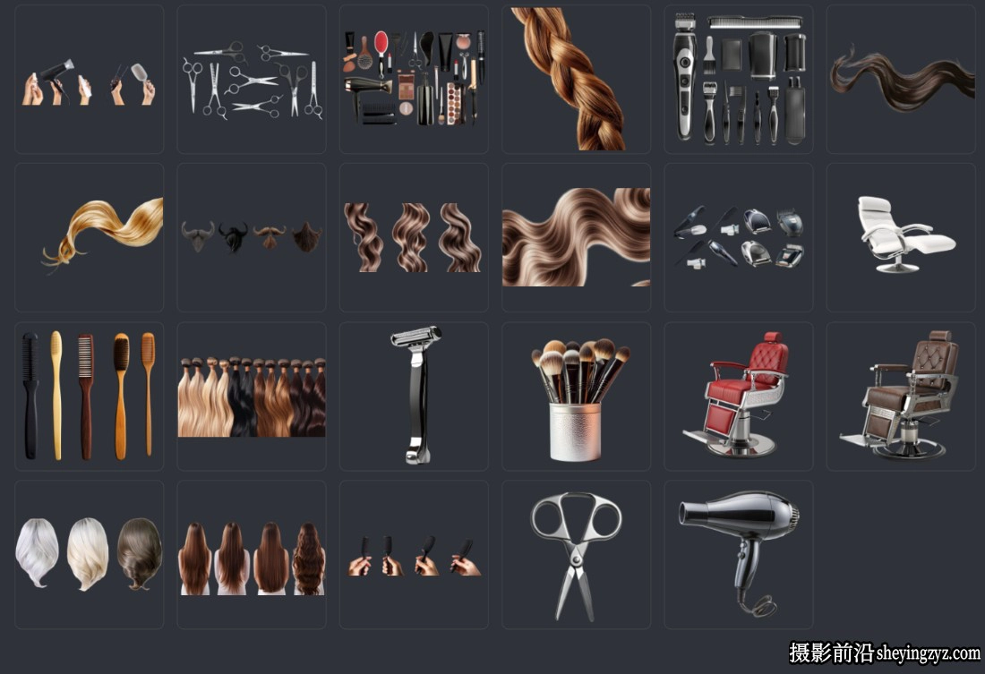 理发师工作室工具与假发PNG透明免扣素材 23xPNG