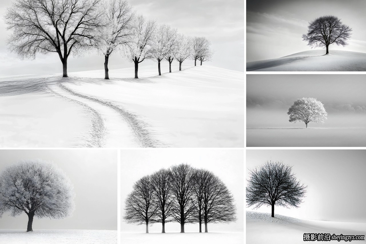 高清极简雪地雪景与孤立的树图片素材 29xJPEG