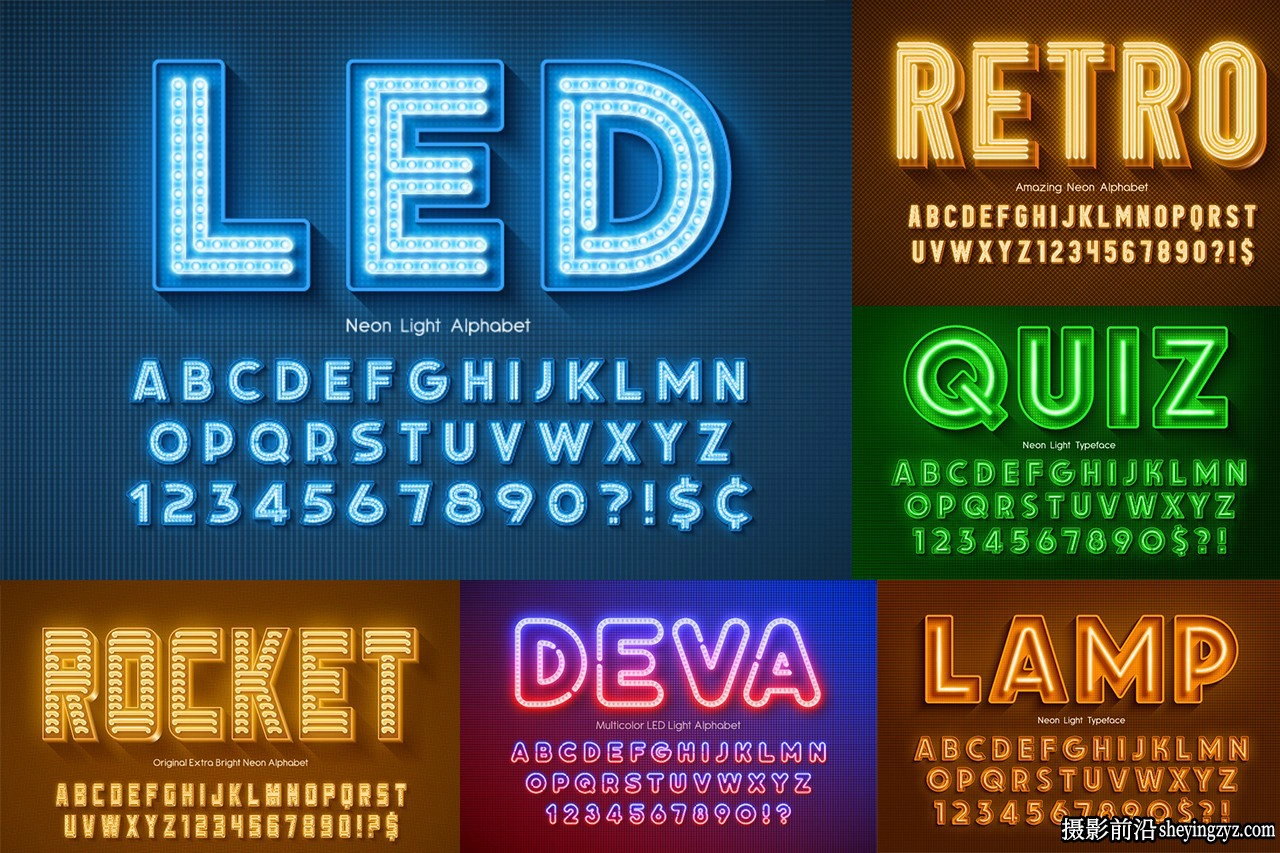 18款霓虹灯,灯泡和LED的字母+数字设计矢量合集 18xAI