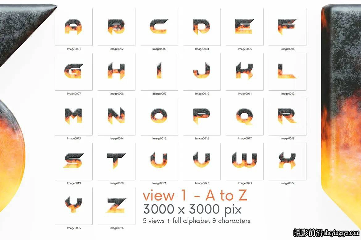 金属与火焰效果3D字体字母设计PNG透明免扣素材