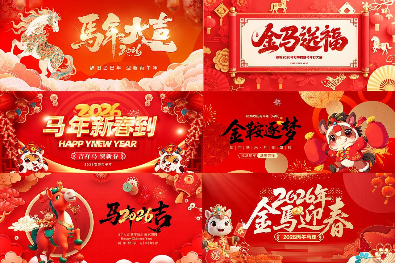 31套2026年新年晚会纯净元旦年会舞台背景马年海报展板PSD素材