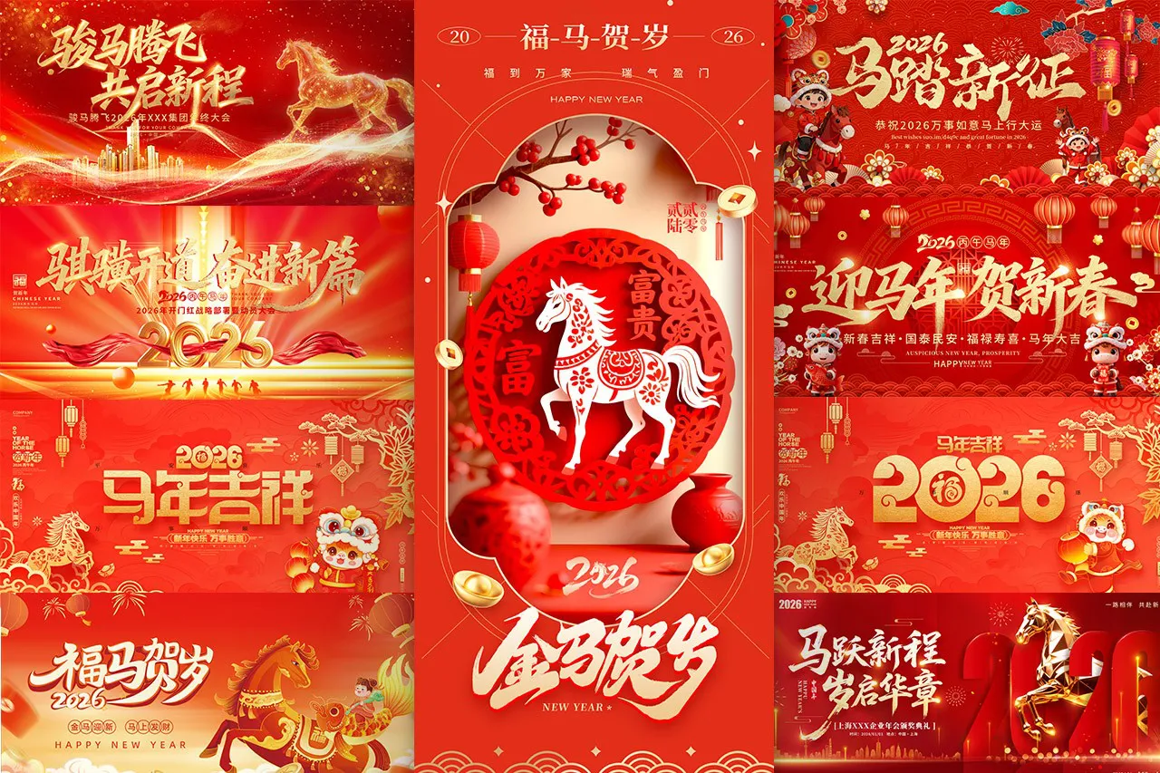 85套2026年春节马年海报年终年会元旦春节展板PSD素材合集