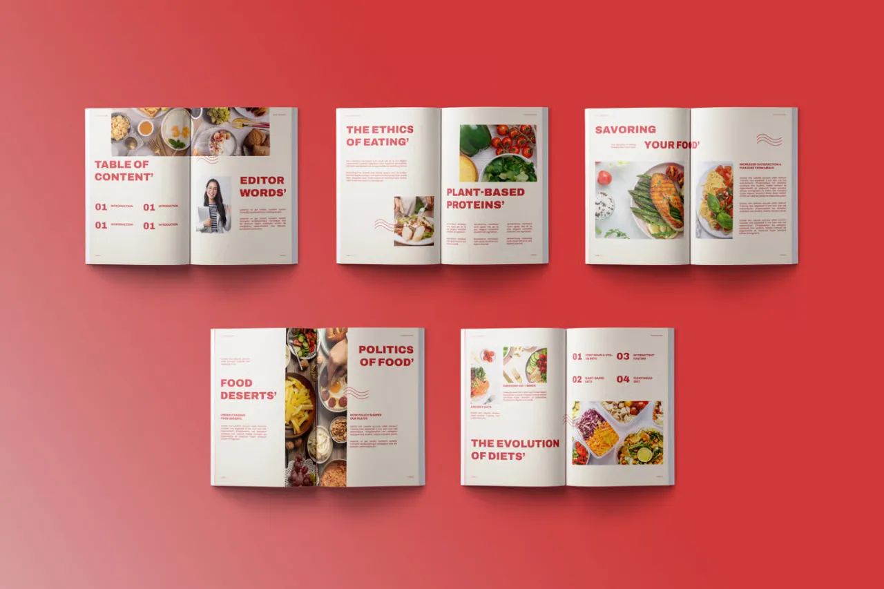 红奶油极简主义美食杂志InDesign模板