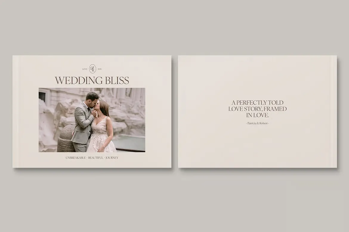 优雅的婚礼纪念相册排版布局设计InDesign模板