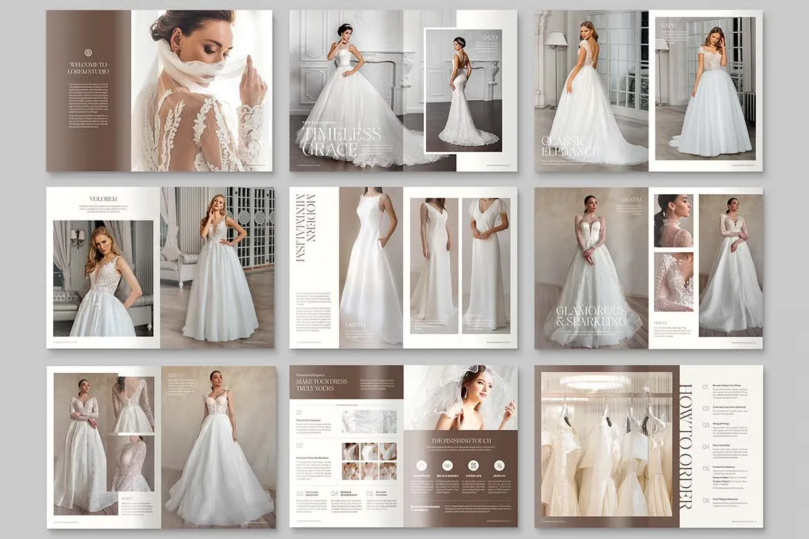 新娘服装及伴娘主题婚纱目录排版布局InDesign模板