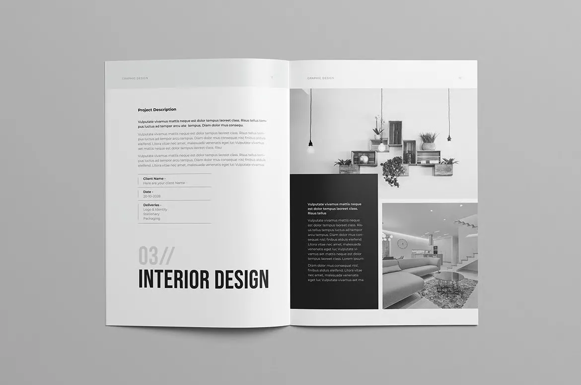 简洁大方时尚作品集排版布局设计InDesign模板 16页