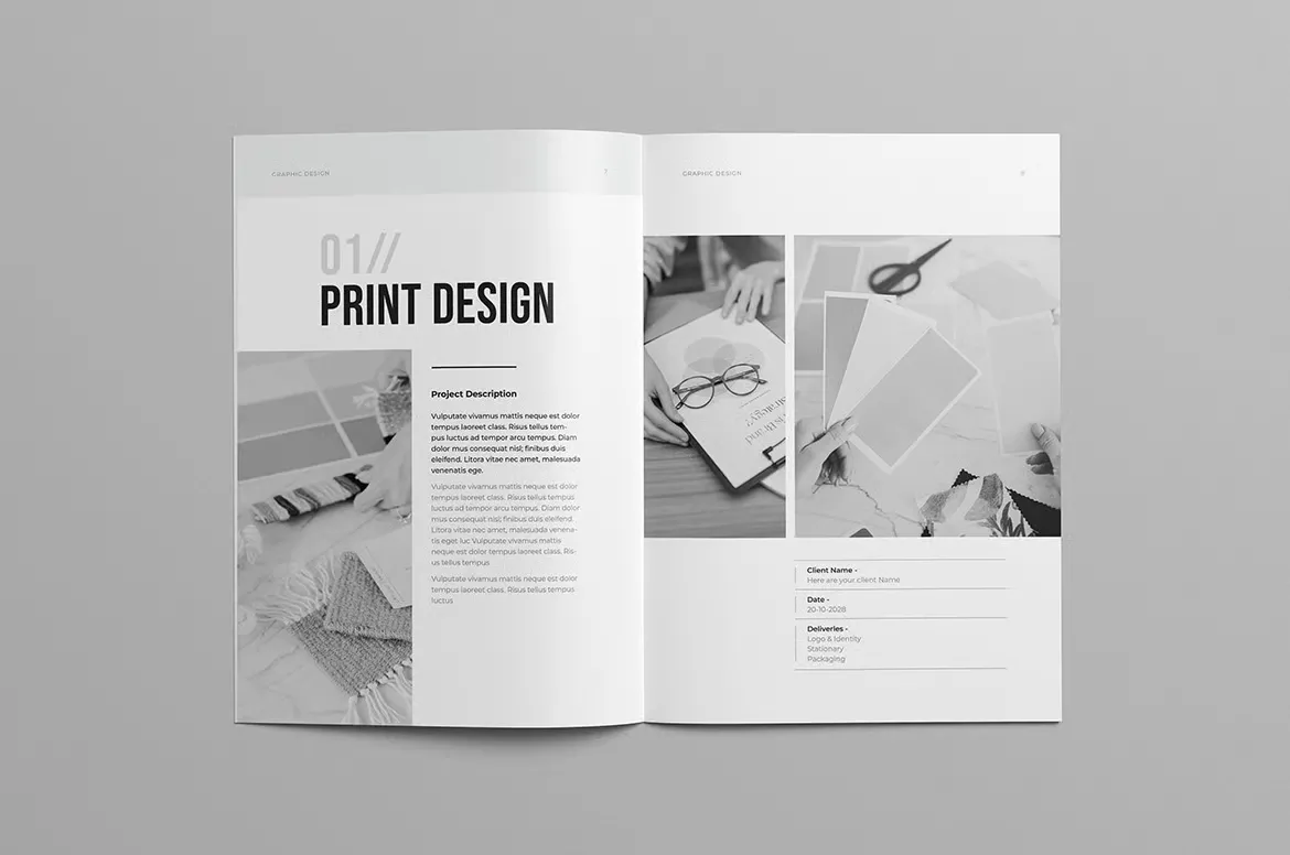 简洁大方时尚作品集排版布局设计InDesign模板 16页