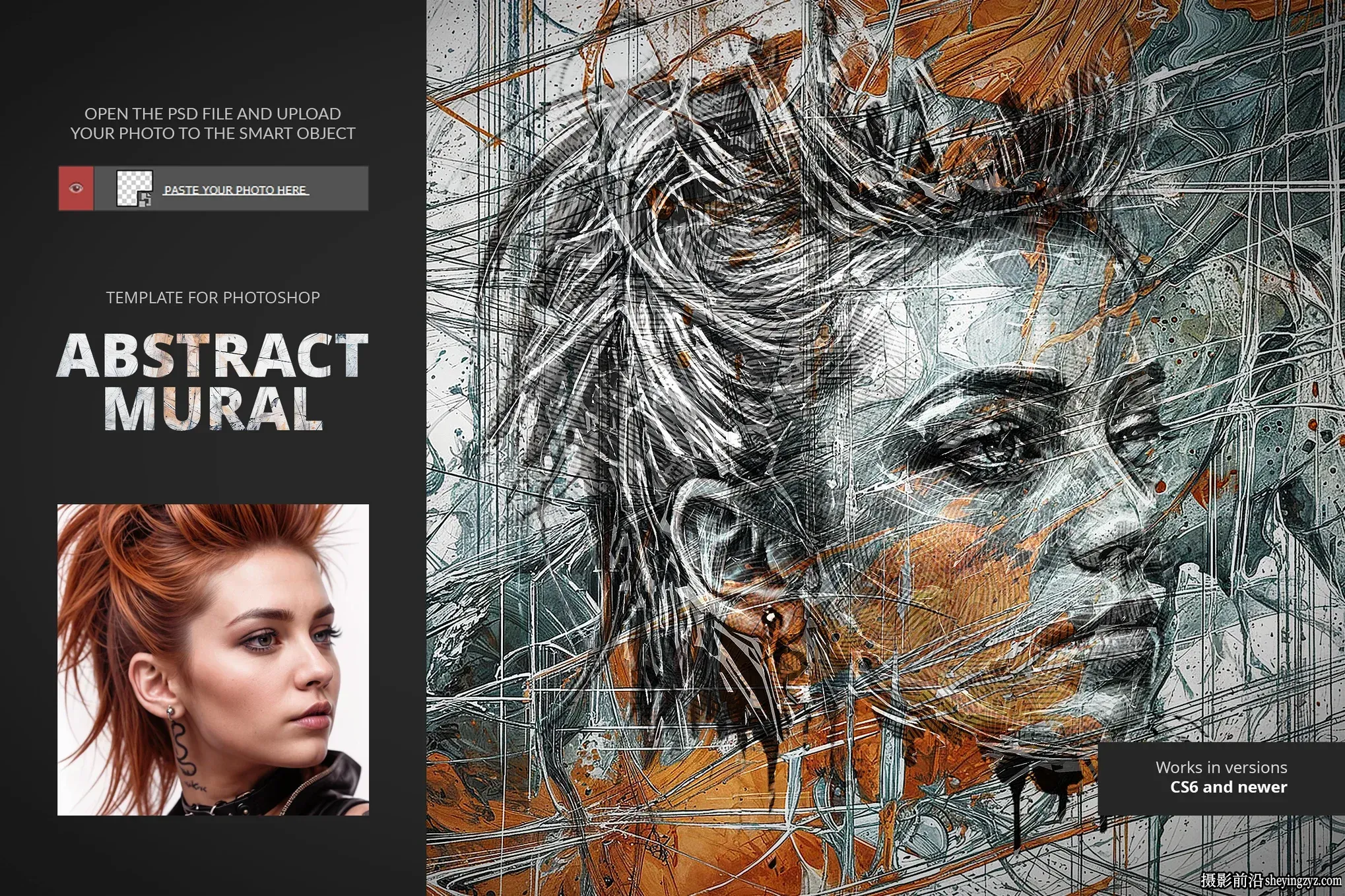 Photoshop 抽象壁画墙画绘画效果特效动作模板-支持中文版PS