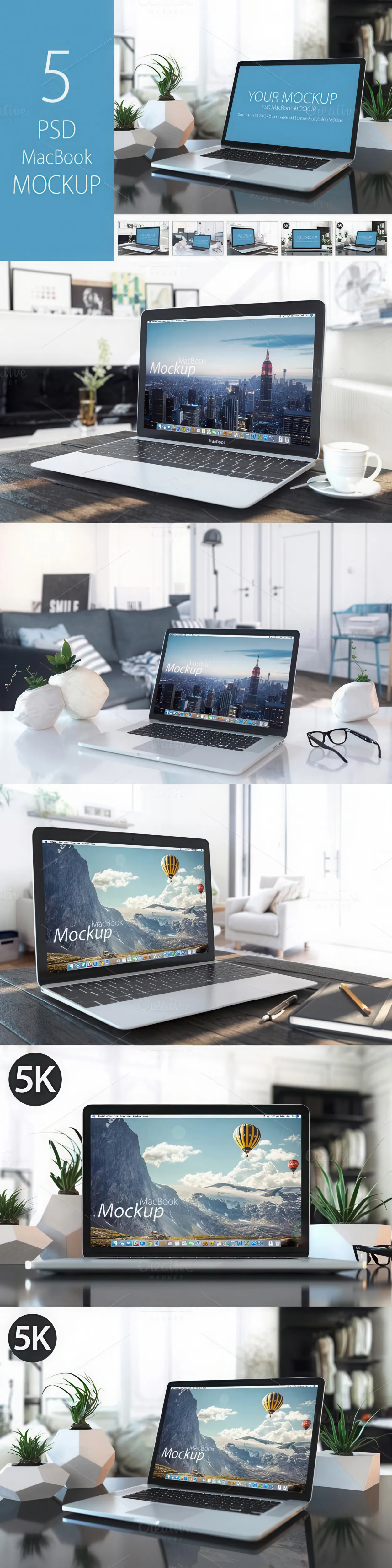 5种苹果笔记本电脑 MacBook 场景样机模型