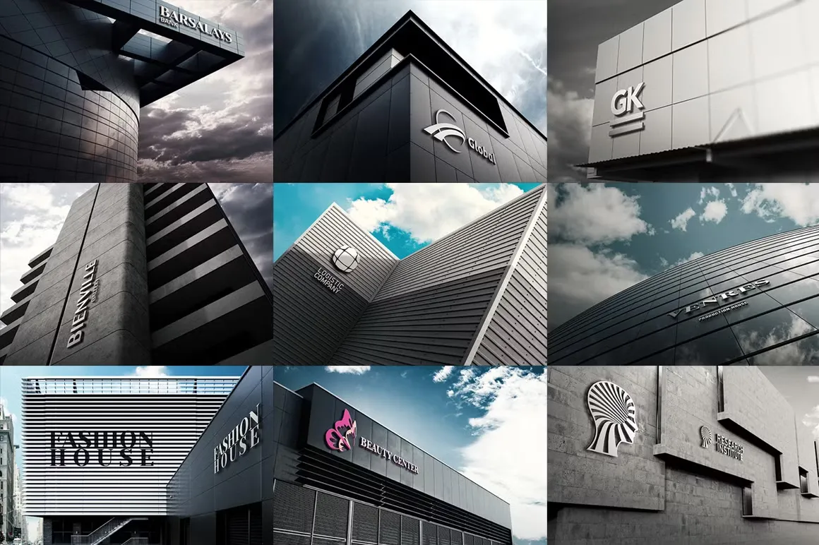 28种质感3D标志墙面LOGO样机模型合集