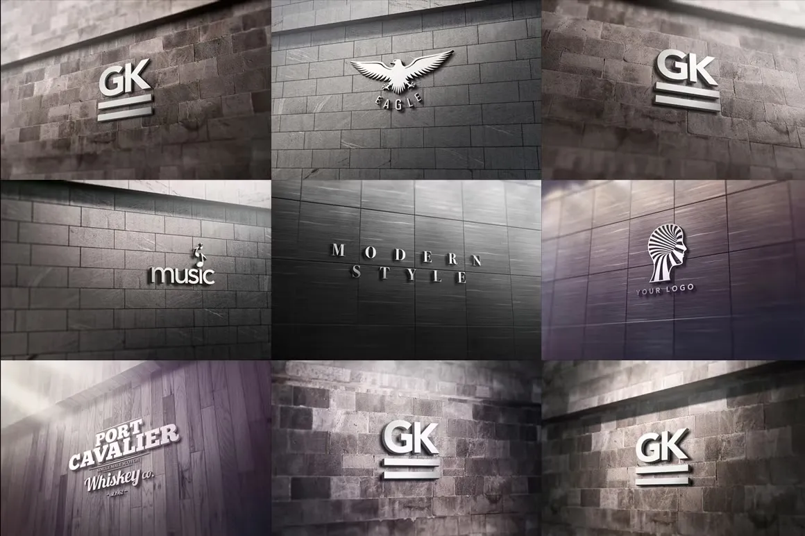 28种质感3D标志墙面LOGO样机模型合集