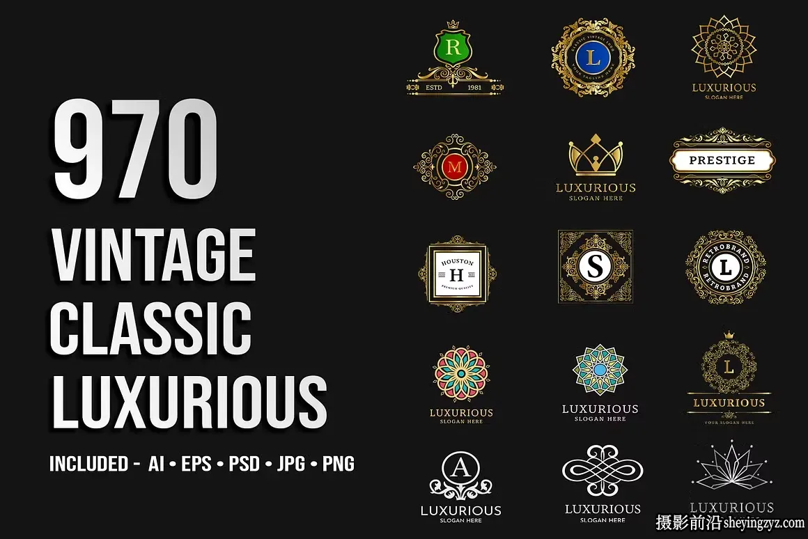 970幅复古经典奢华LOGO标志徽章插画套装矢量素材
