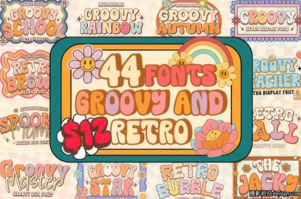 Groovy &amp; Retro 酷炫复古英文字体套装-44 款高级字体