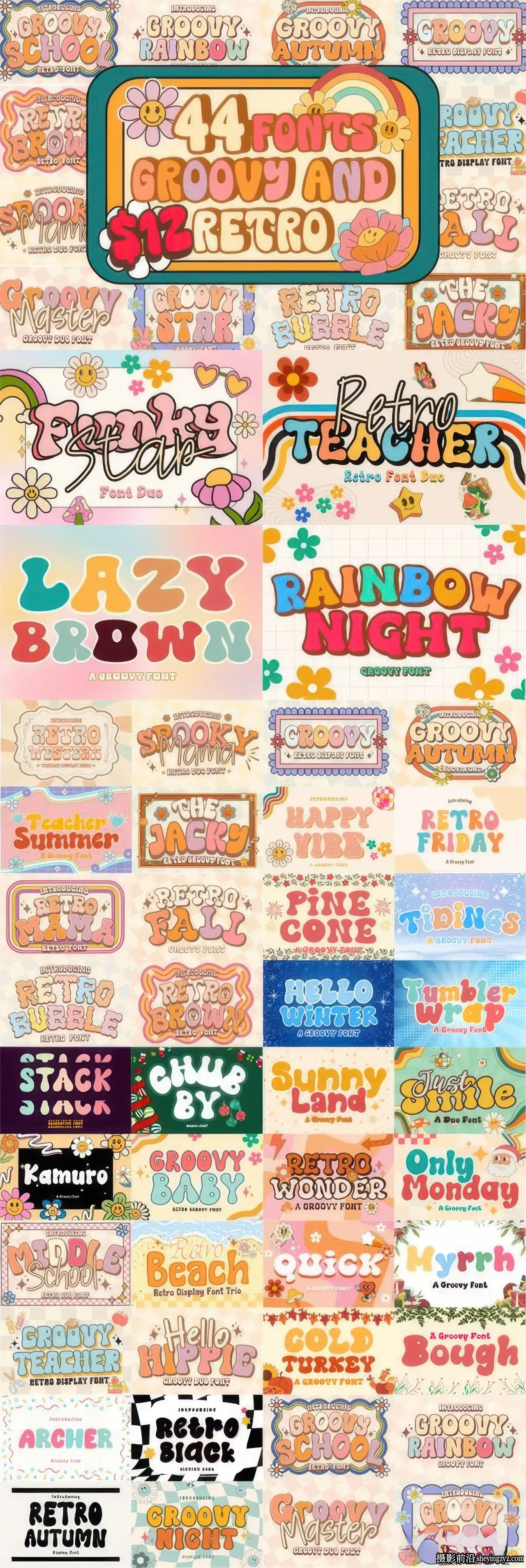 Groovy &amp; Retro 酷炫复古英文字体套装-44 款高级字体