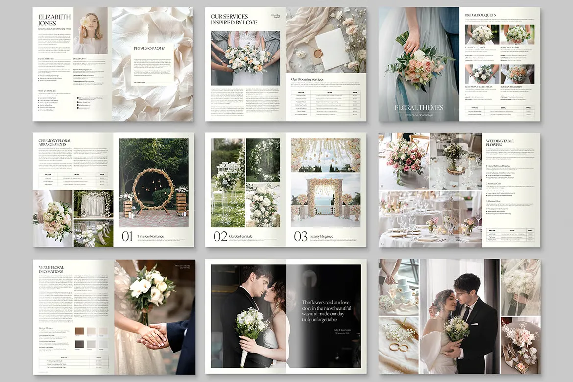 婚礼花艺师宣传册模板用于推广花卉展示InDesign模板