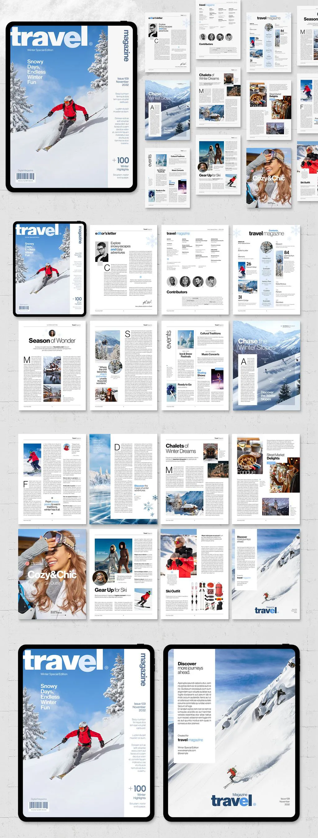 字冬季旅行杂志雪上运动与滑雪手册及指南InDesign模板