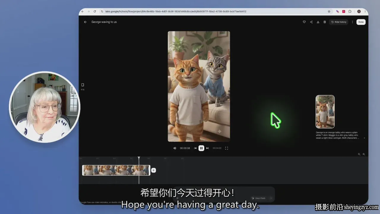 用Google Flow创建《虎斑猫》AI角色视频系列教程-叠加精翻中英字幕
