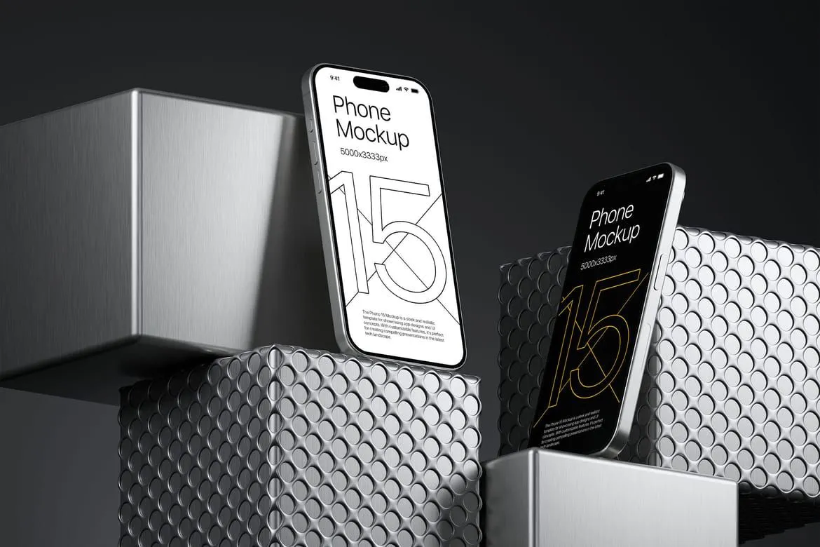 10种独立带有酷炫背景iPhone15高保真PS样机模型合集