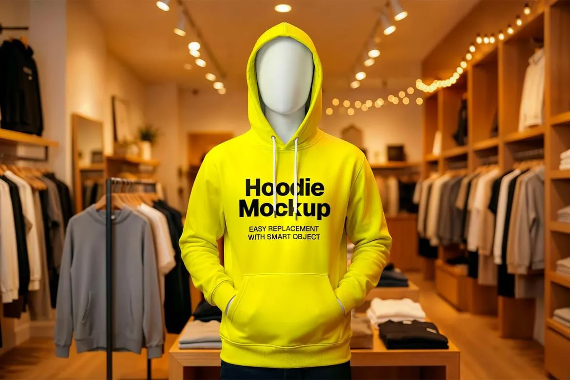 高级服装样装样机套装-连帽衫,T恤,卫衣和毛线帽(高端PSD模型套装)