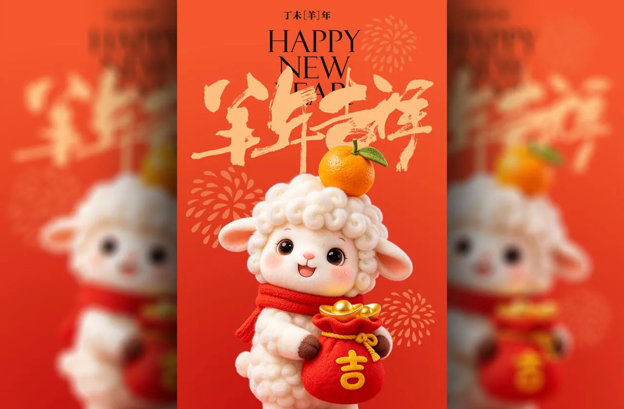 可爱卡通形象创意插画羊年海报PSD分层素材