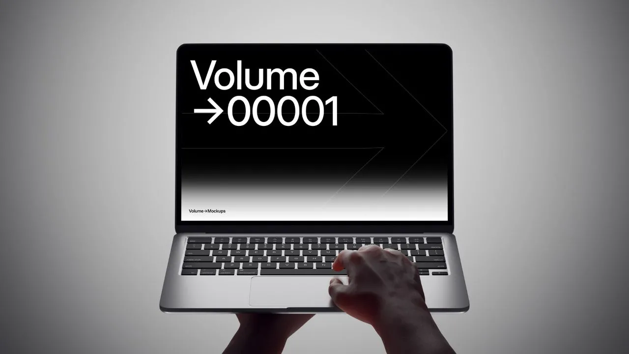 12个手持MacBook Air 2024的高级样机品牌UI/UX设计或演示模型