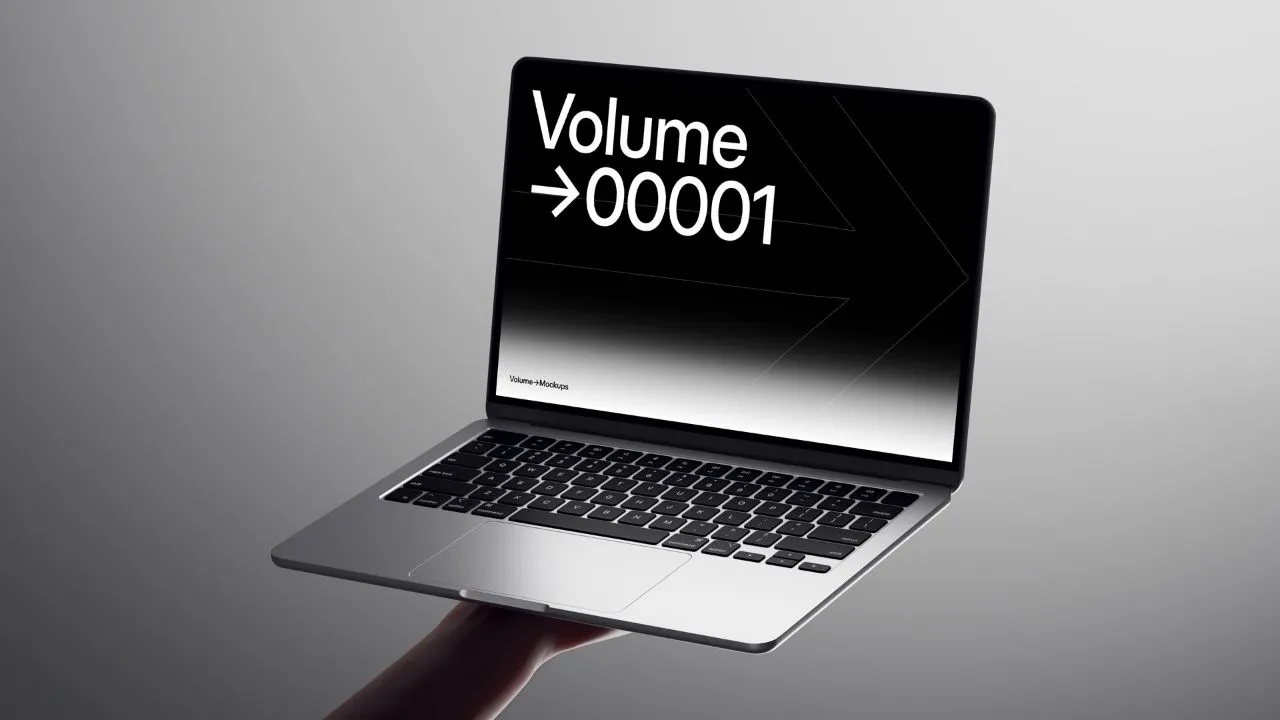 12个手持MacBook Air 2024的高级样机品牌UI/UX设计或演示模型