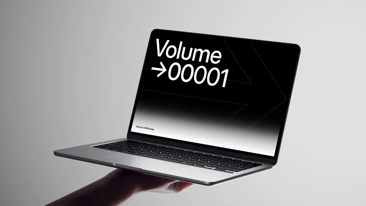 12个手持MacBook Air 2024的高级样机品牌UI/UX设计或演示模型